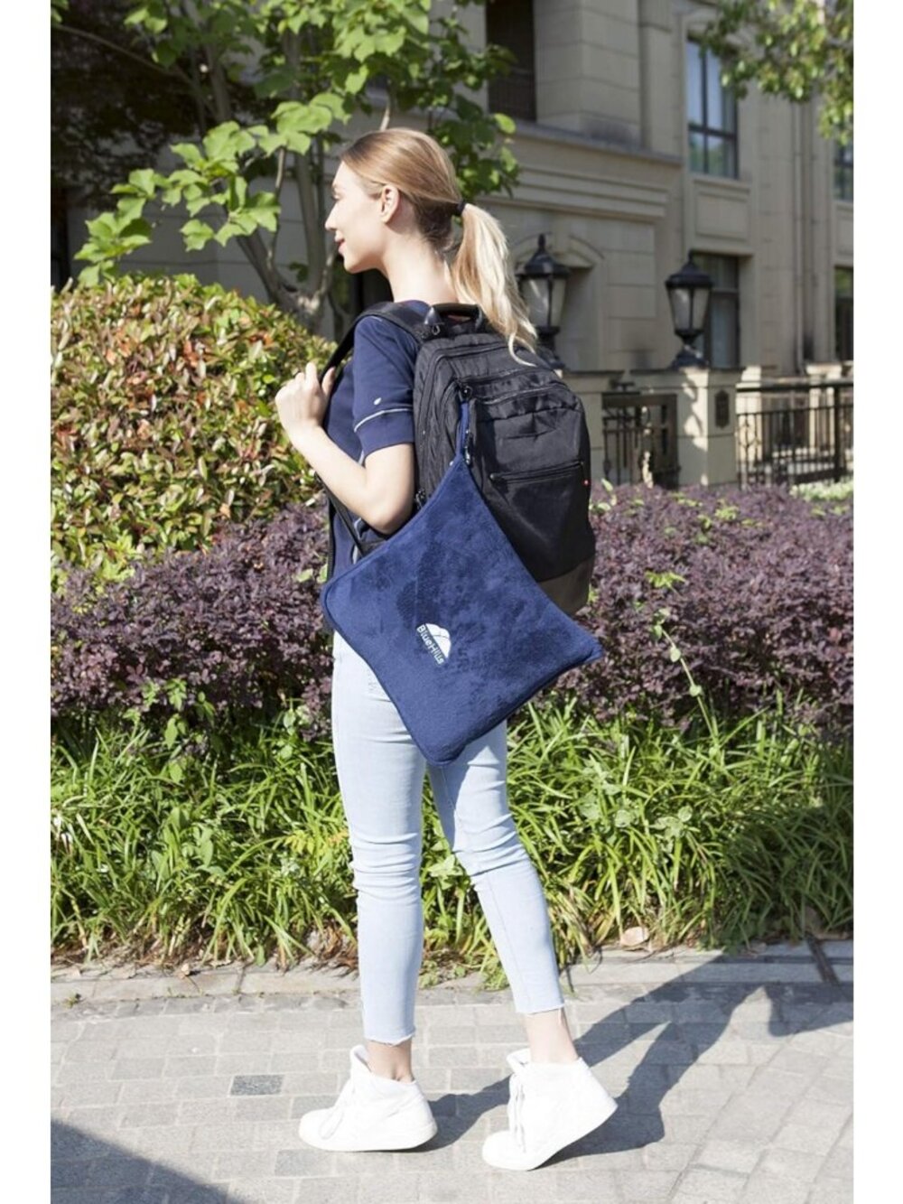 Soft Travel Blanket & Pillow Combo - Compact Packable Airplane Throw, Navy Blue - Picture 8 of 9